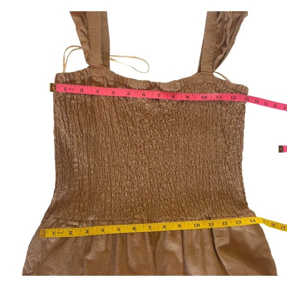 Sass Womens 12 Tan Smocked Jumpsuit Ruffle Straps Linen Blend Comfort Beachy - Picture 8 of 11